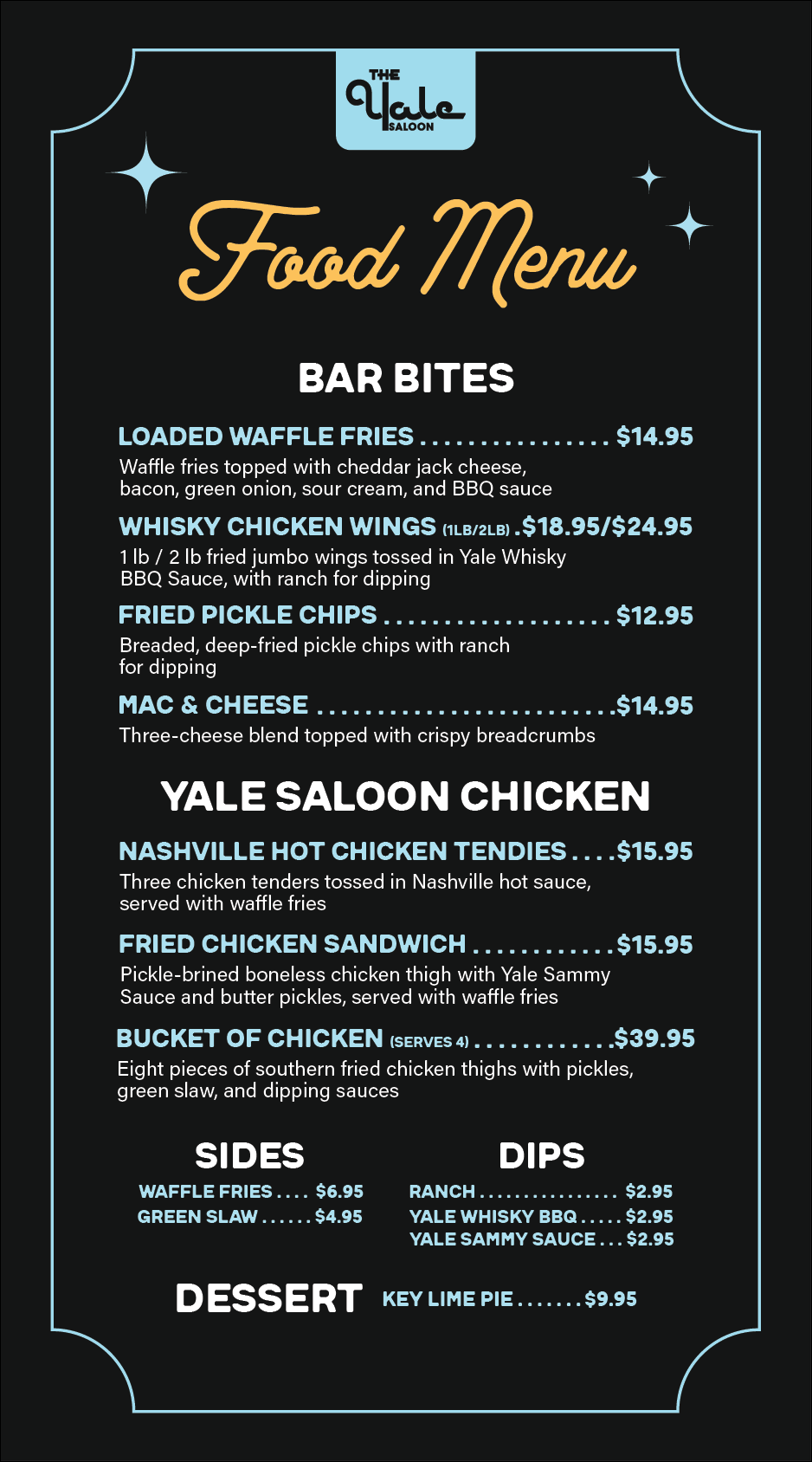 Yale Saloon menu page 1, food and drinks
