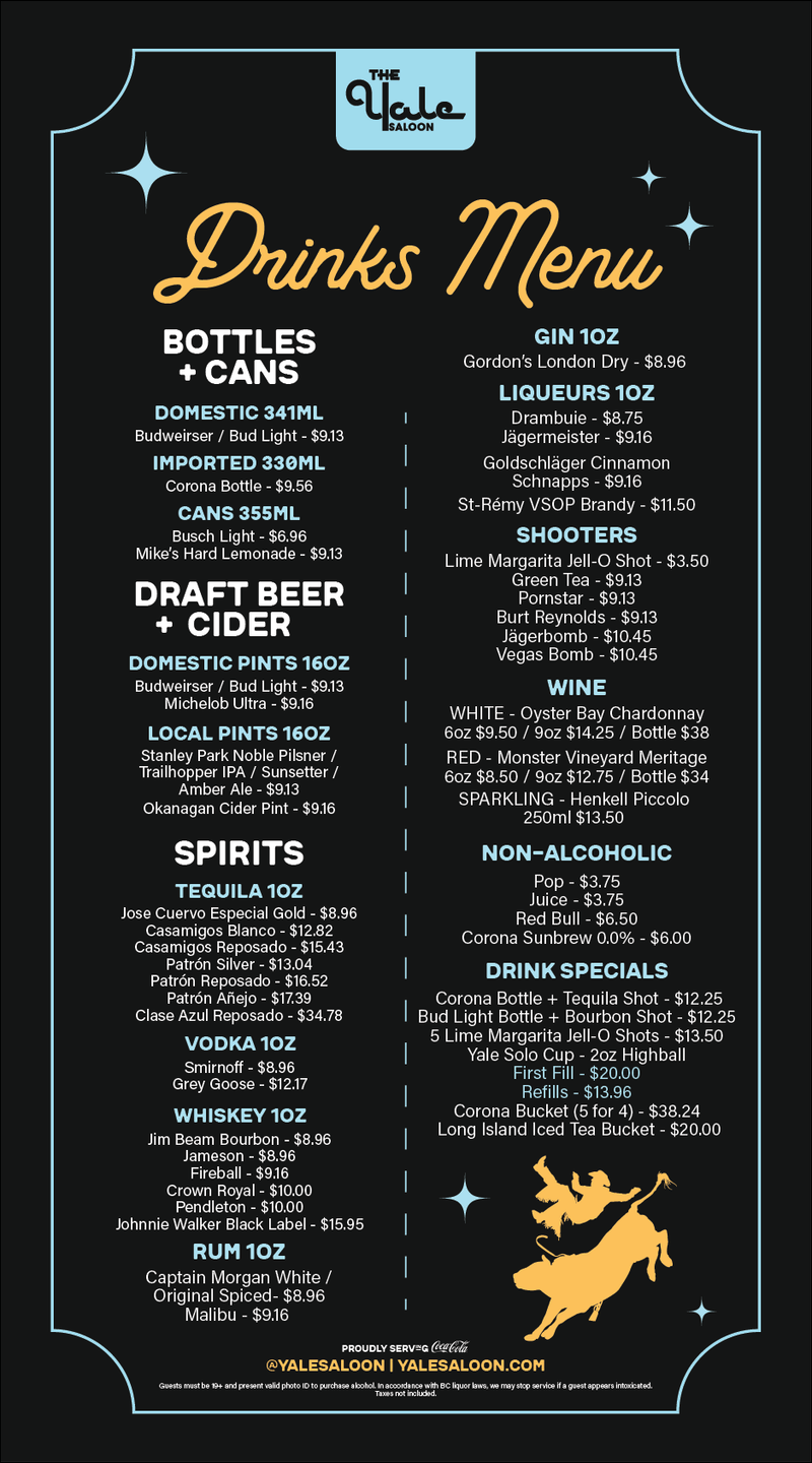 Yale Saloon menu page 2, drinks and weekly specials